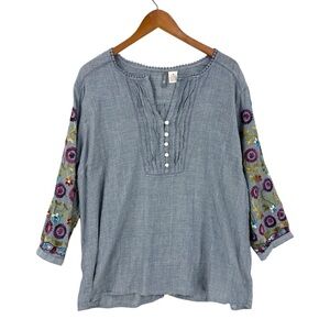 ANU Top Floral Embroidered Tunic Blouse Long Sleeve Gray